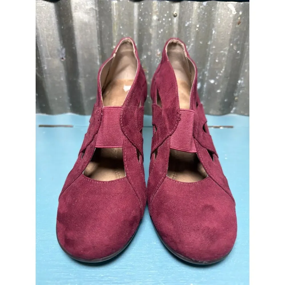 Aerosoles Rigmarole Burgundy Faux Suede Cutout Block Heel Pumps Womens 9M Retro